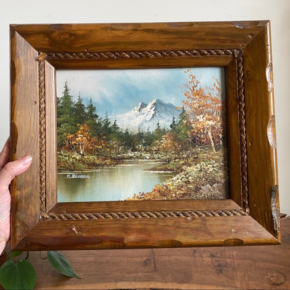Beautiful Vintage Wood Frame w/ Water Mountains Trees Scenery Painting